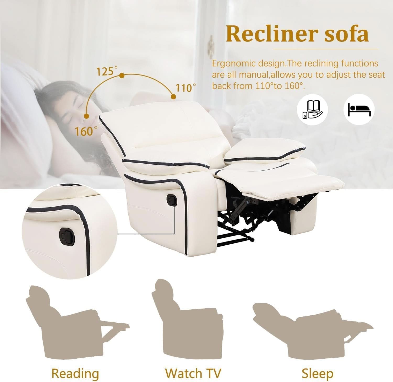 Creamy White Leather Recliner Sofa Set With Storage Console