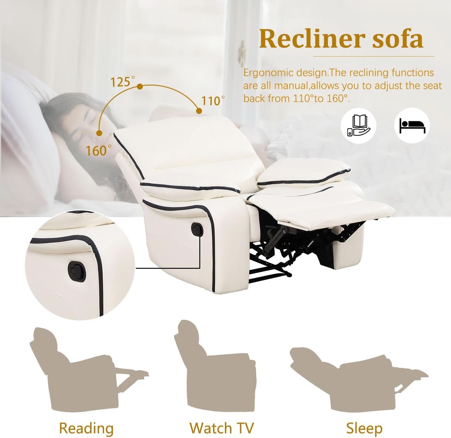 Creamy White Leather Recliner Sofa Set With Storage Console