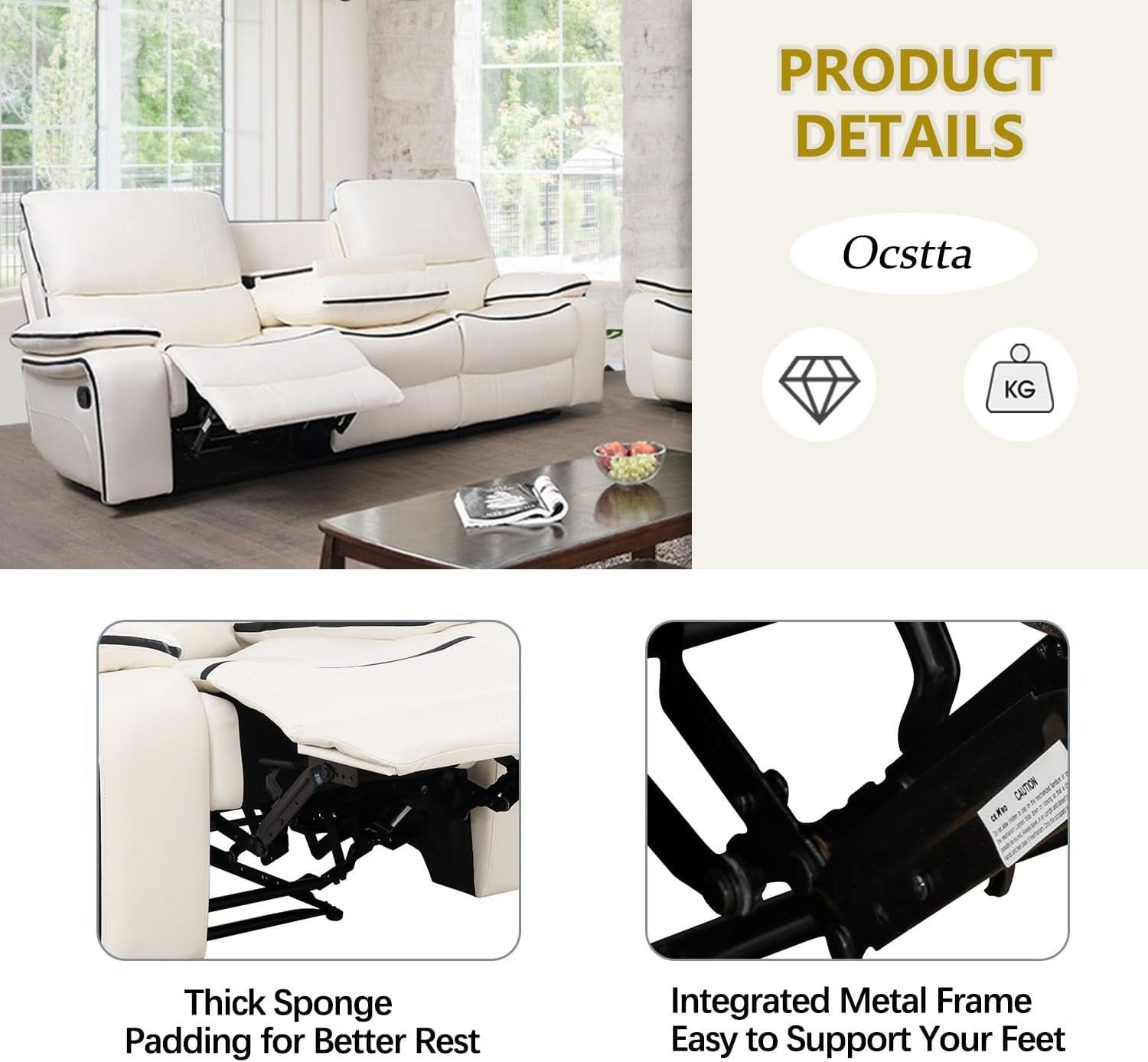 Creamy White Leather Recliner Sofa Set With Storage Console