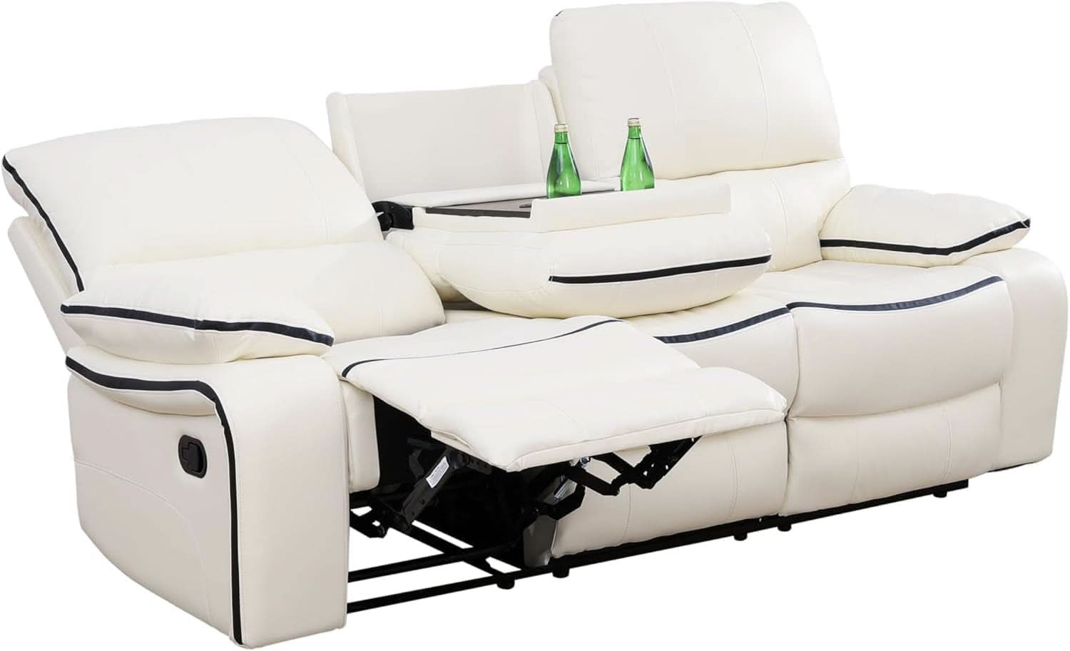 Creamy White Leather Recliner Sofa Set With Storage Console