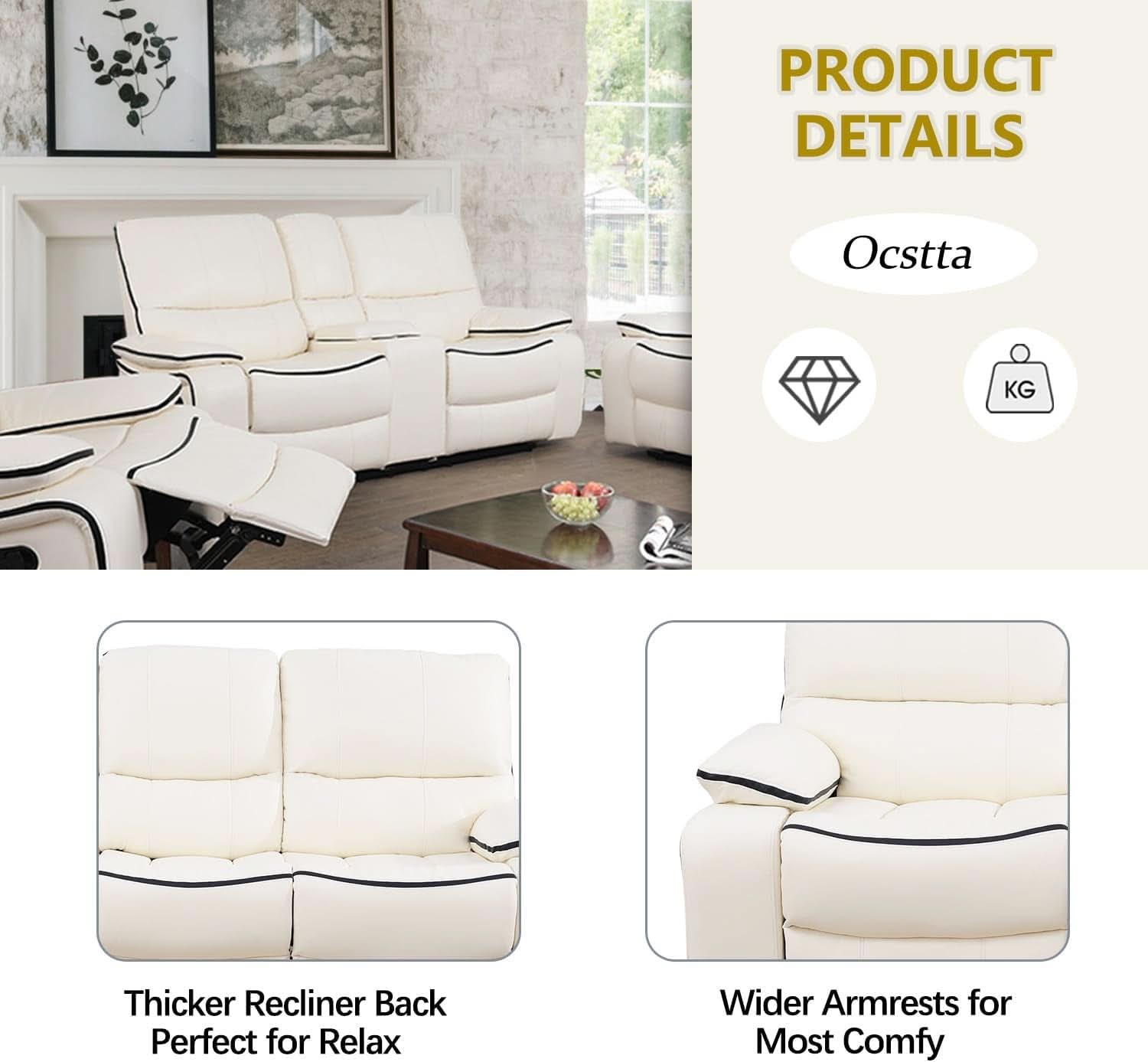 Creamy White Leather Recliner Sofa Set With Storage Console