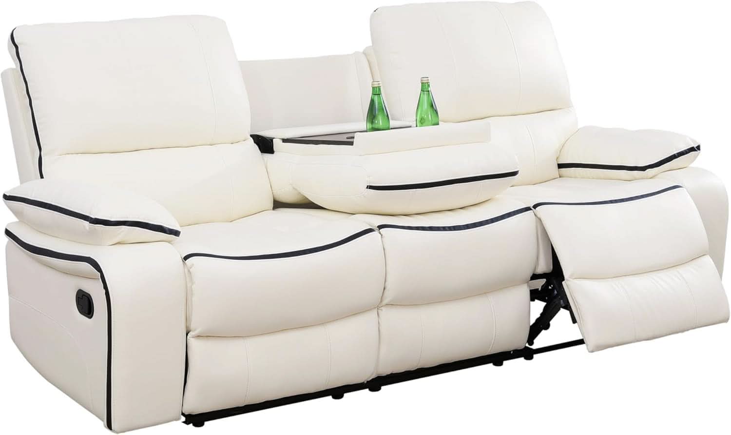 Creamy White Leather Recliner Sofa Set With Storage Console