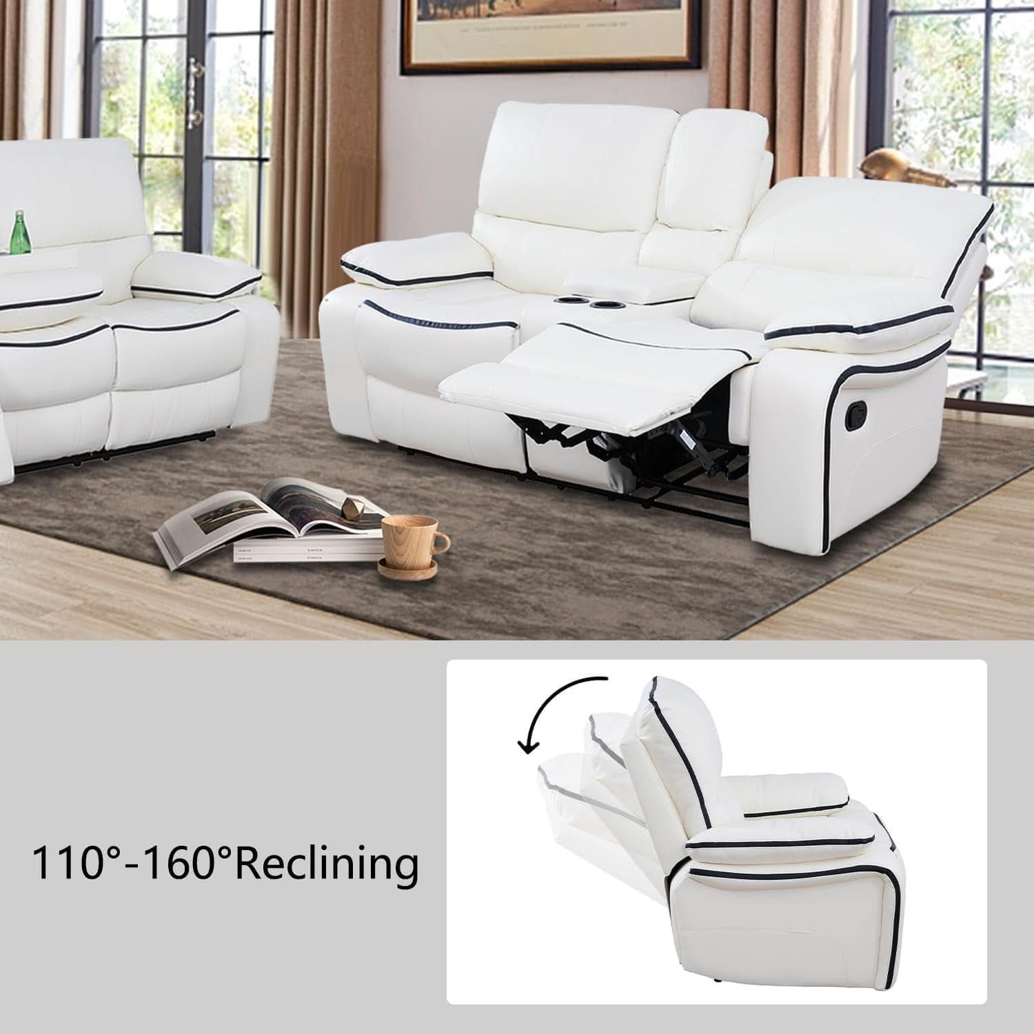 Creamy White Leather Recliner Sofa Set With Storage Console