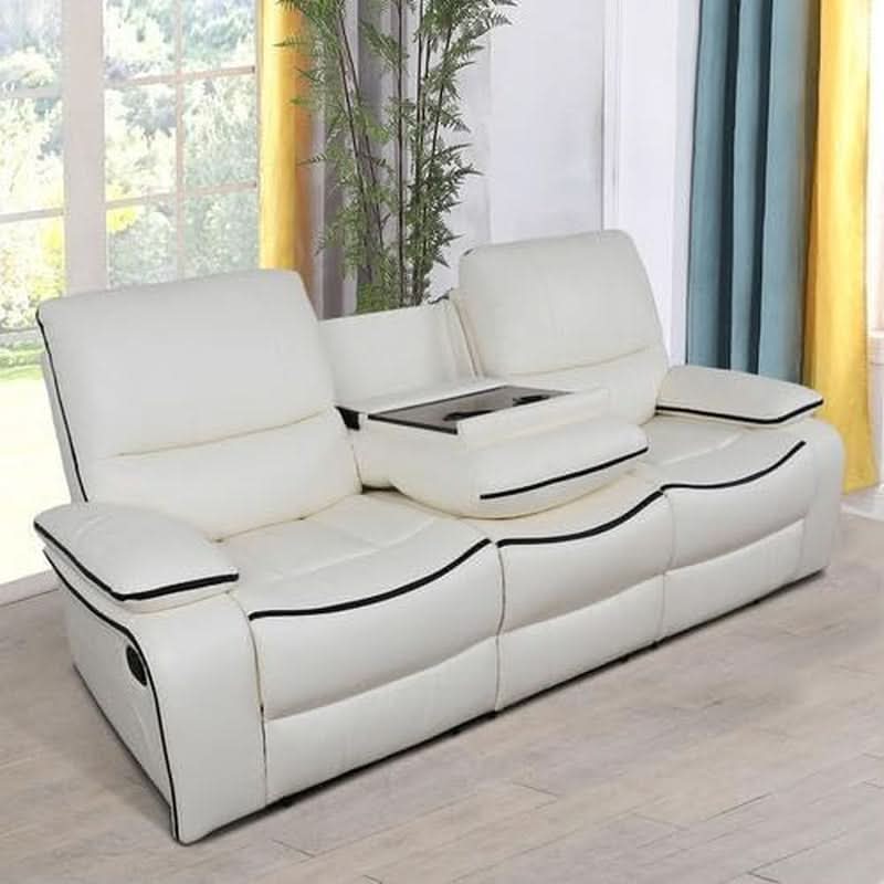 Creamy White Leather Recliner Sofa Set With Storage Console