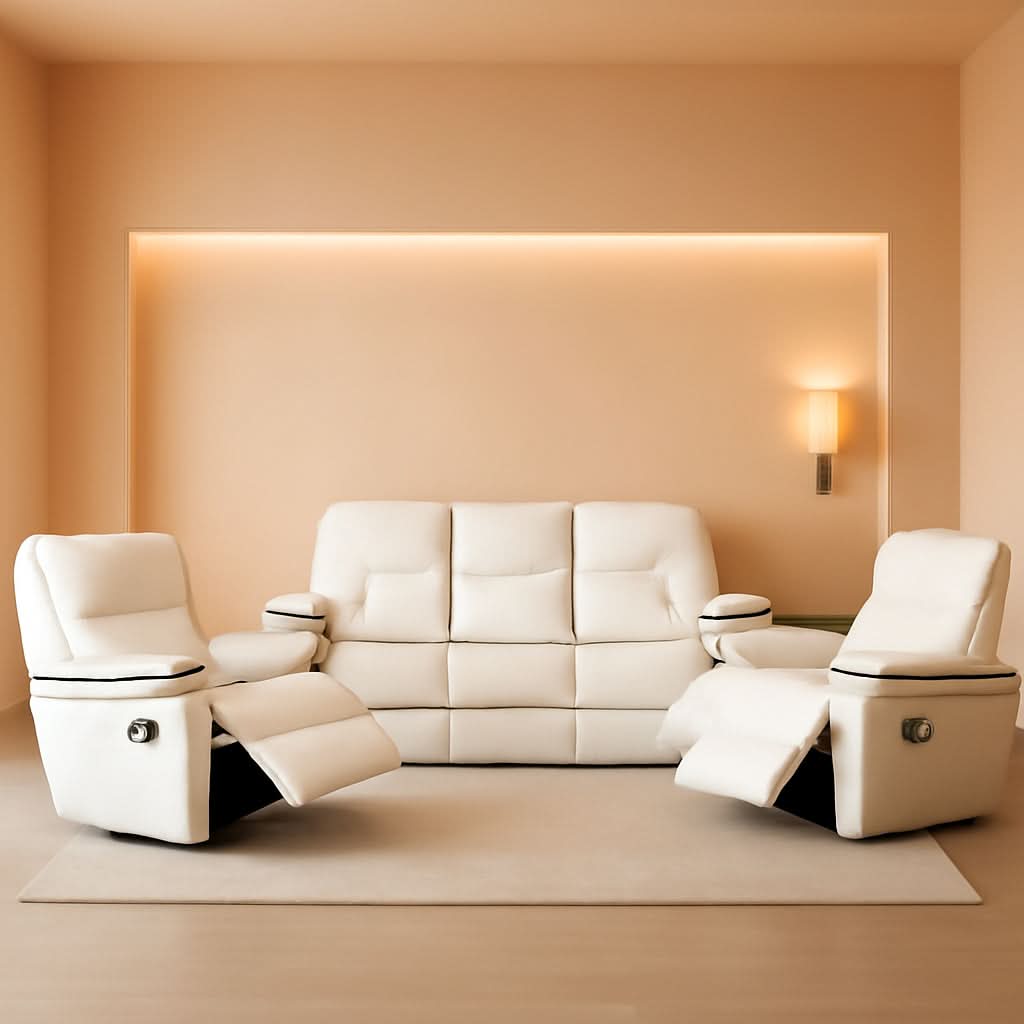Creamy White Leather Recliner Sofa Set With Storage Console