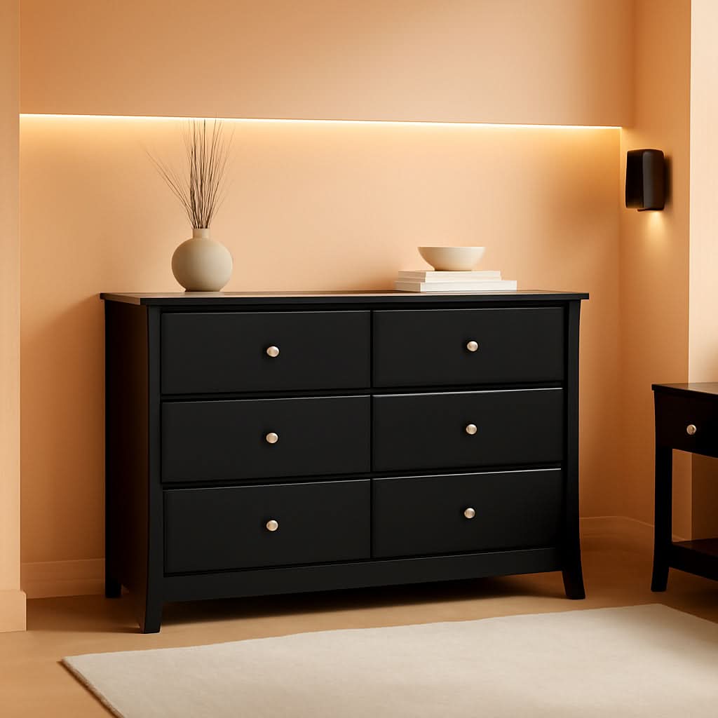 Crescent 6 Drawer Double Dresser Black GREENGUARD Gold