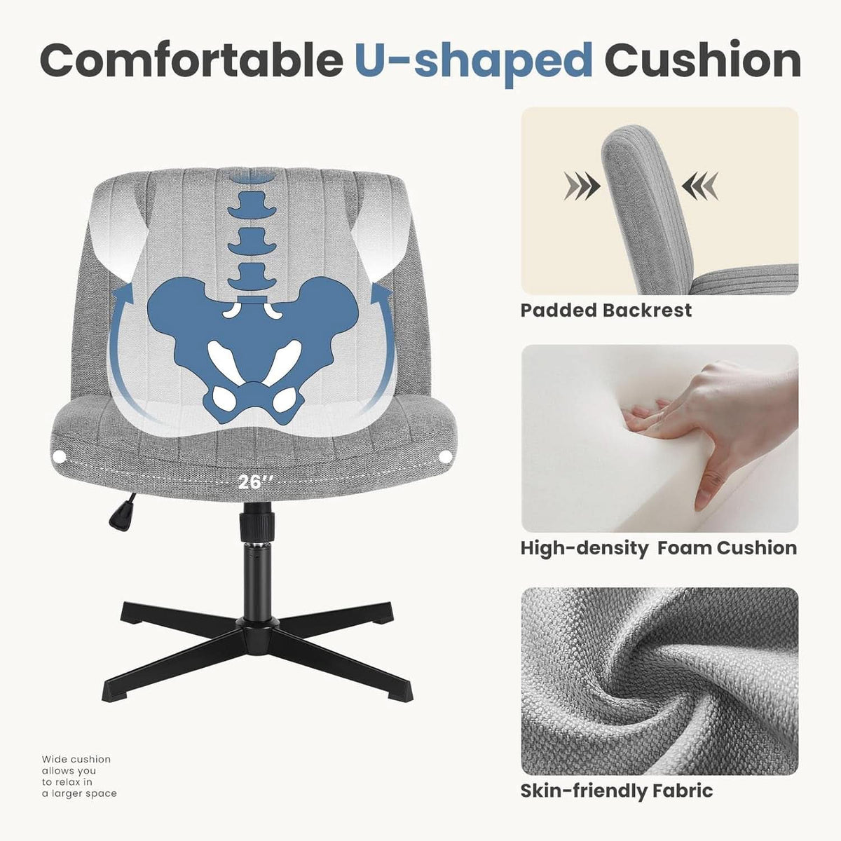 Cross Legged Armless Office Chair With Adjustable Height Fabric Swivel Chair