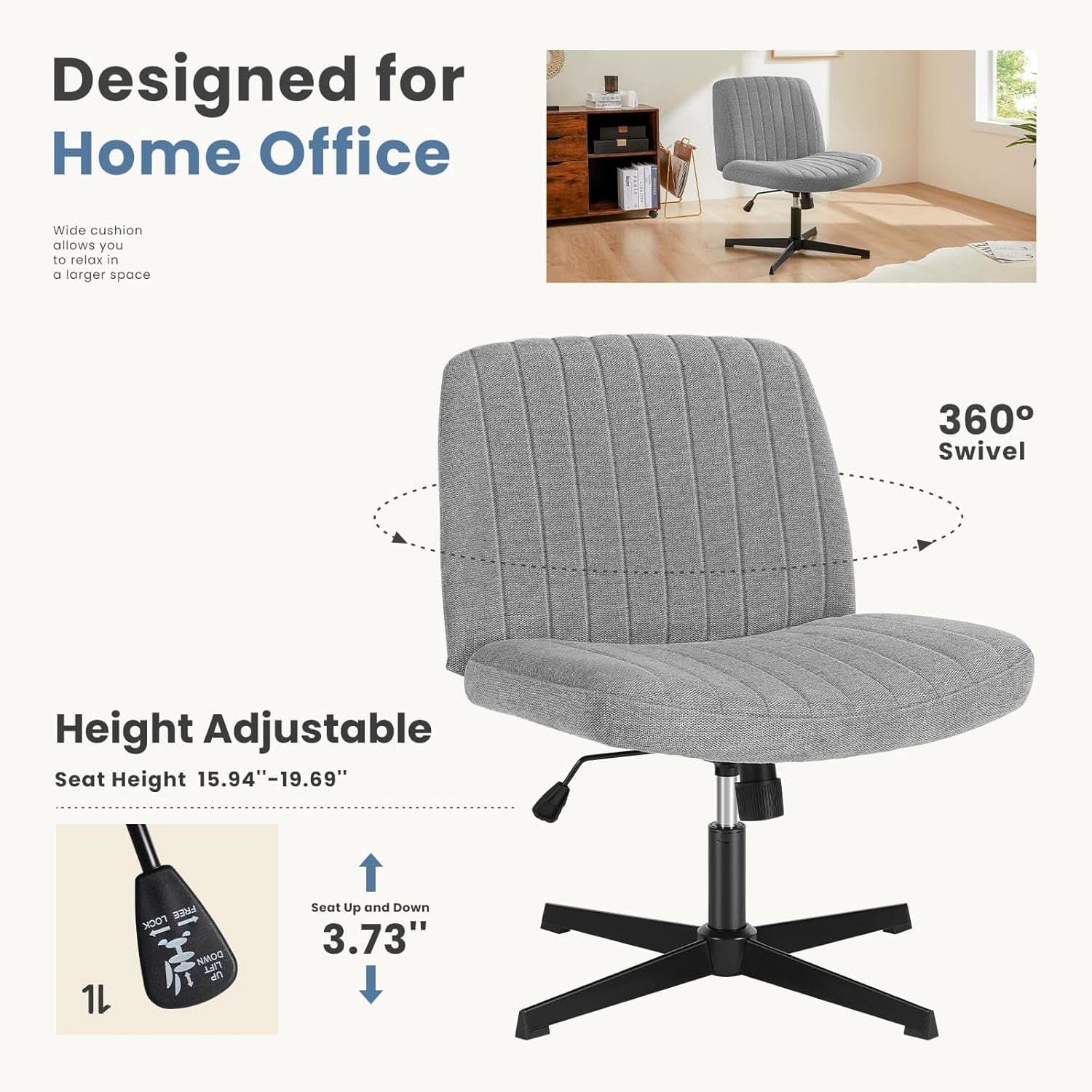 Cross Legged Armless Office Chair With Adjustable Height Fabric Swivel Chair