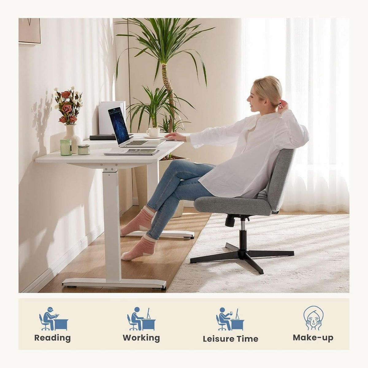 Cross Legged Armless Office Chair With Adjustable Height Fabric Swivel Chair