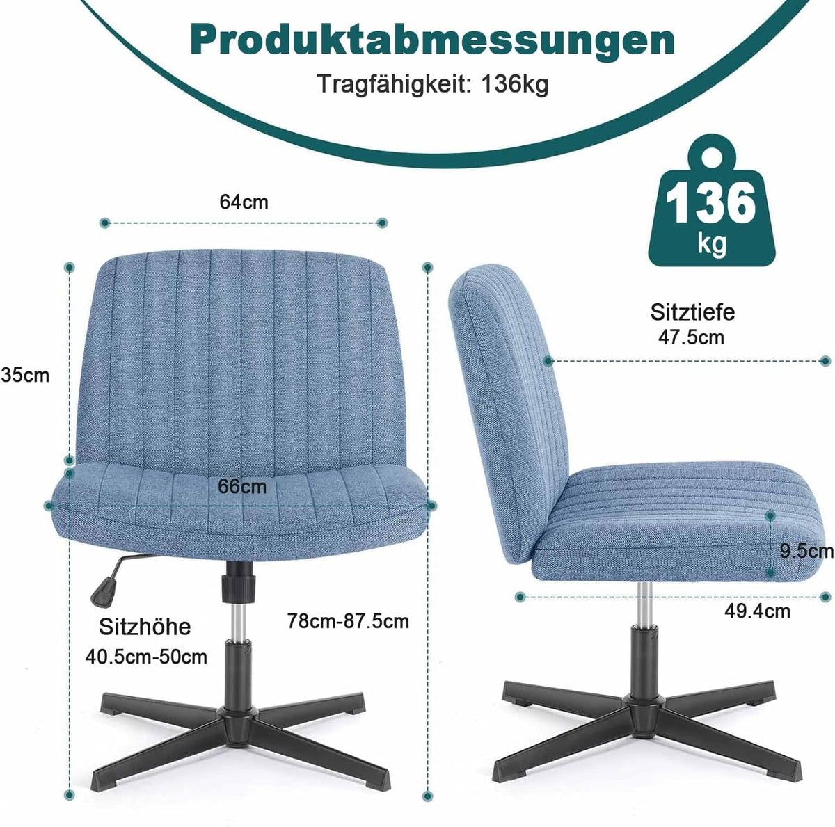 Cross Legged Armless Office Chair With Wide Fabric Seat
