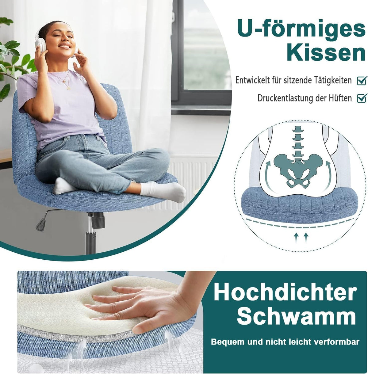 Cross Legged Armless Office Chair With Wide Fabric Seat