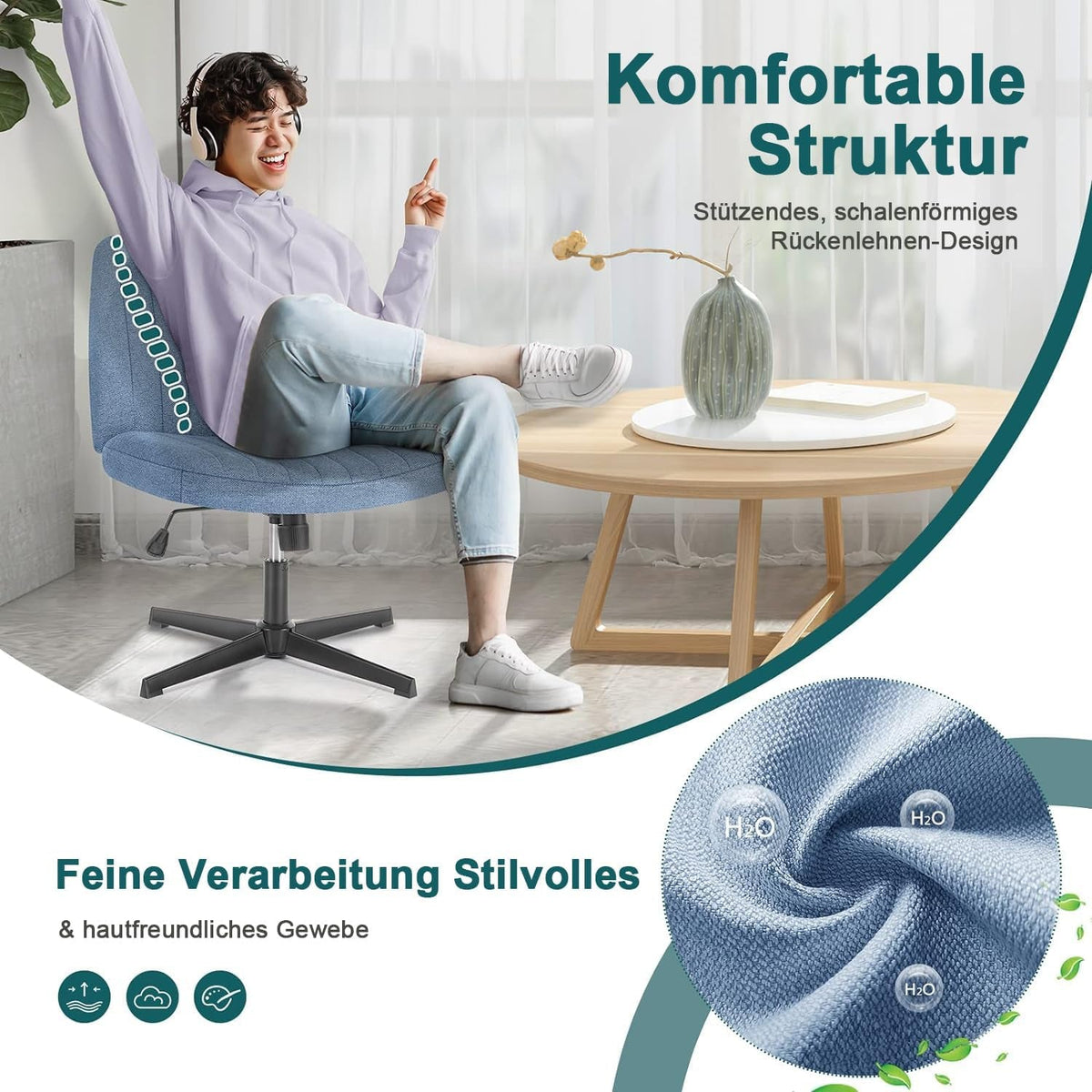 Cross Legged Armless Office Chair With Wide Fabric Seat