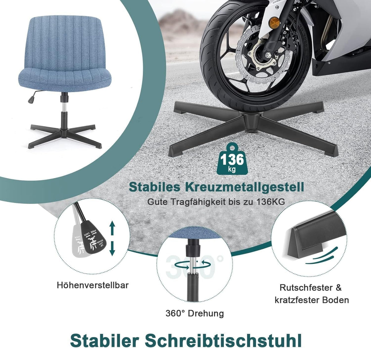 Cross Legged Armless Office Chair With Wide Fabric Seat