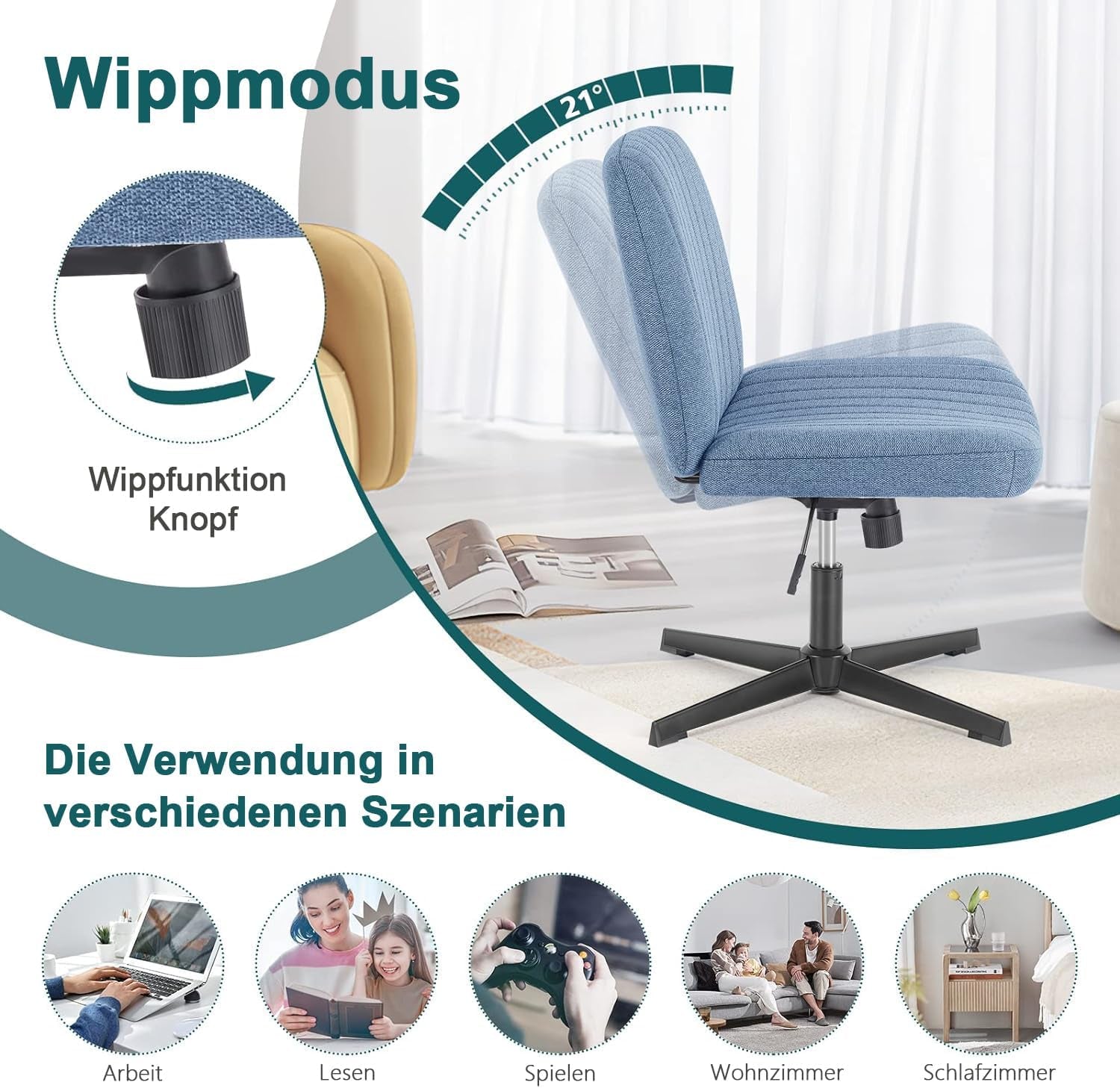 Cross Legged Armless Office Chair With Wide Fabric Seat