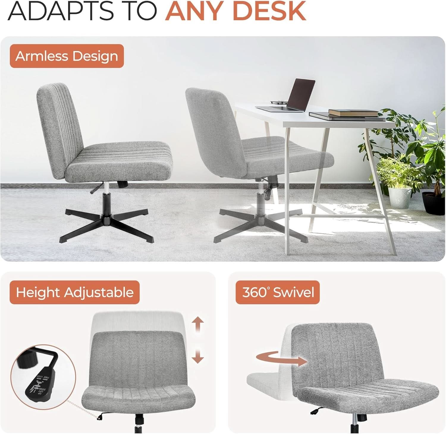 Cross Legged Office Chair Grey Wide Seat Adjustable Height