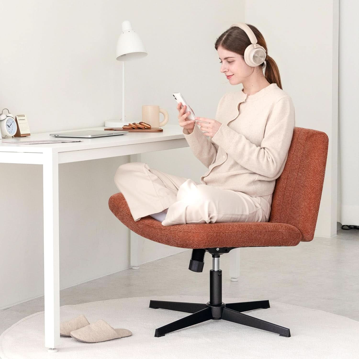 Cross Legged Office Desk Chair Brown Fabric Adjustable