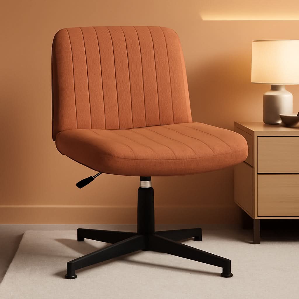 Cross Legged Office Desk Chair Brown Fabric Adjustable
