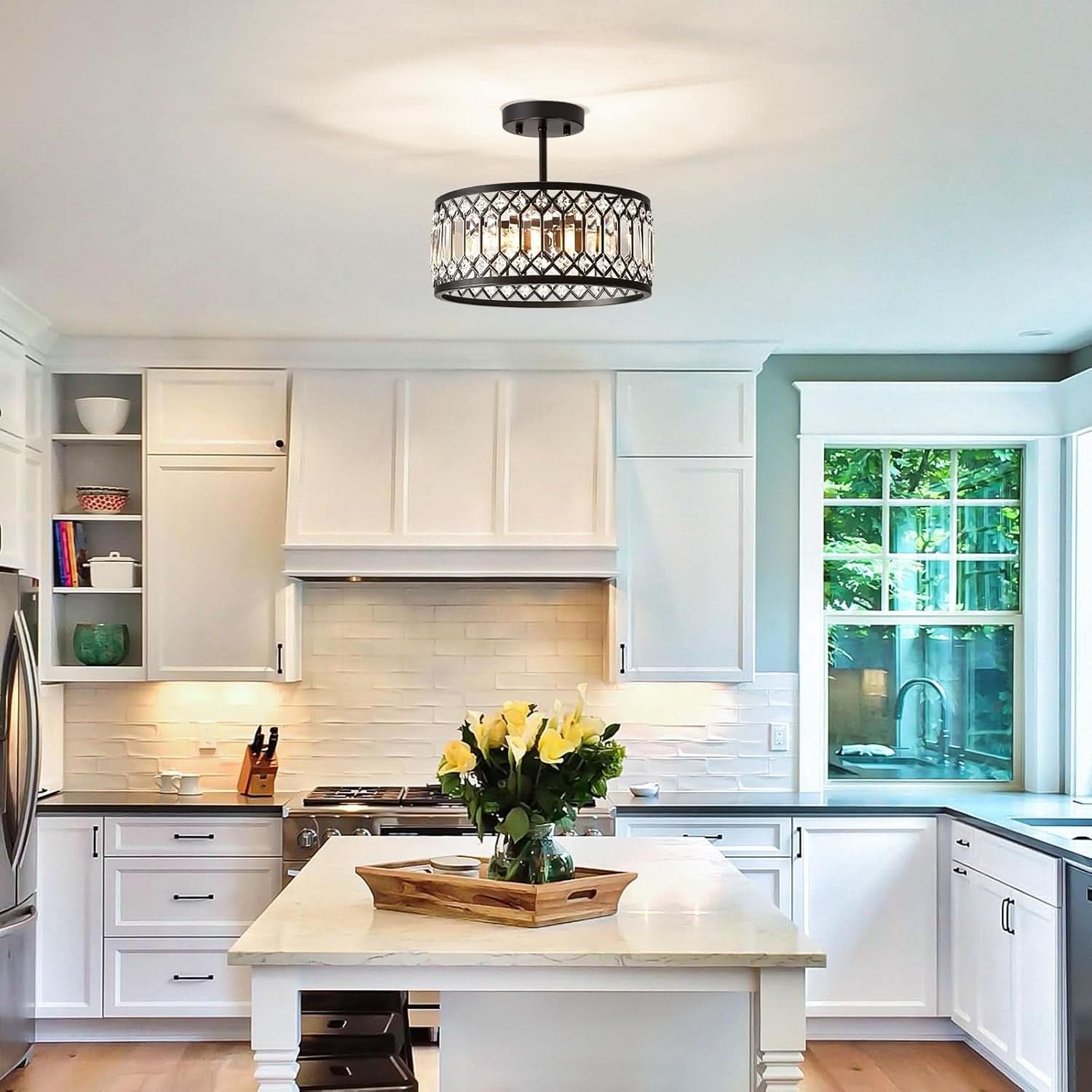 Crystal Black Three Light Semi Flush Mount Ceiling Light