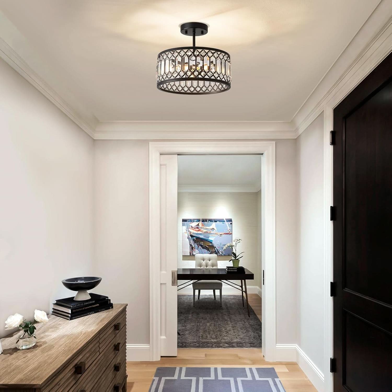 Crystal Black Three Light Semi Flush Mount Ceiling Light