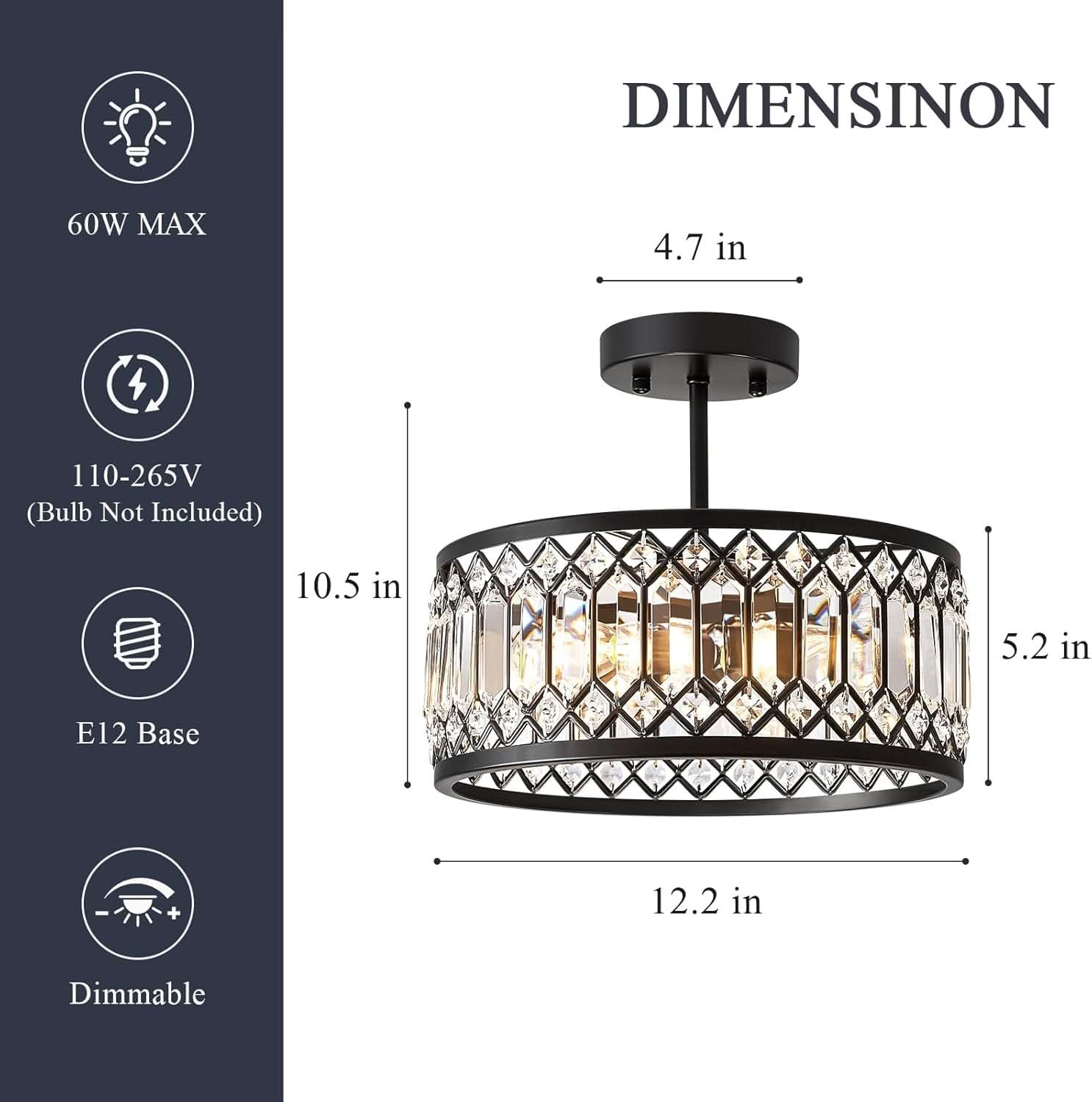Crystal Black Three Light Semi Flush Mount Ceiling Light