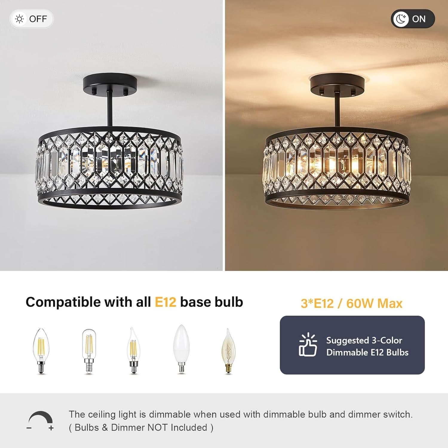 Crystal Black Three Light Semi Flush Mount Ceiling Light