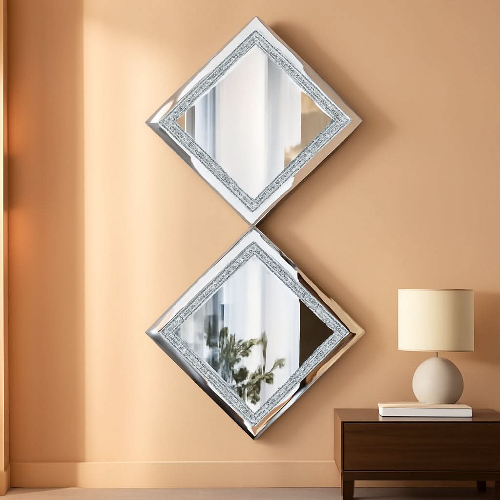 Crystal Crush Diamond Silver Mirror Set 12x12 Inch 2 Pieces