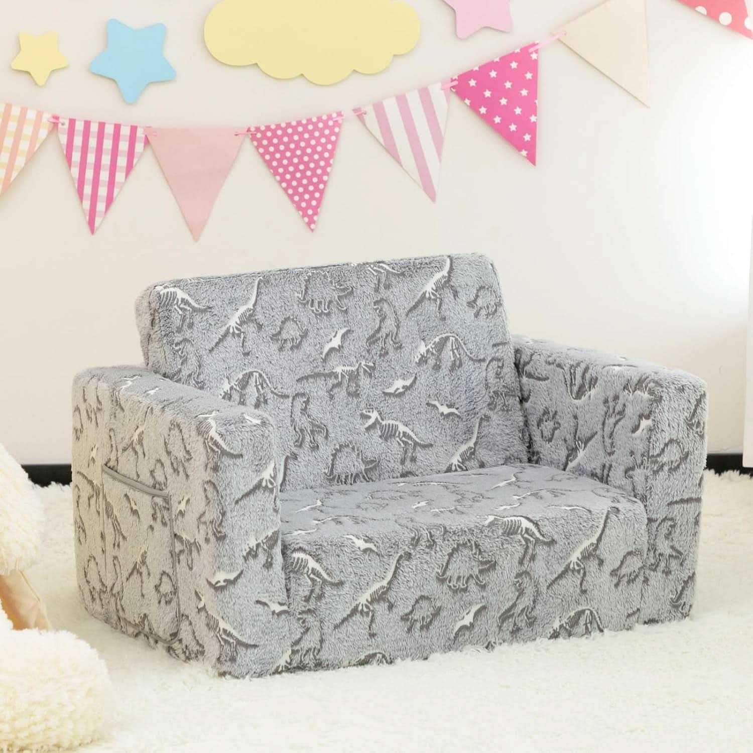 Cuddly Toddler Couch Convertible Sofa Lounger Glow Dinosaurs