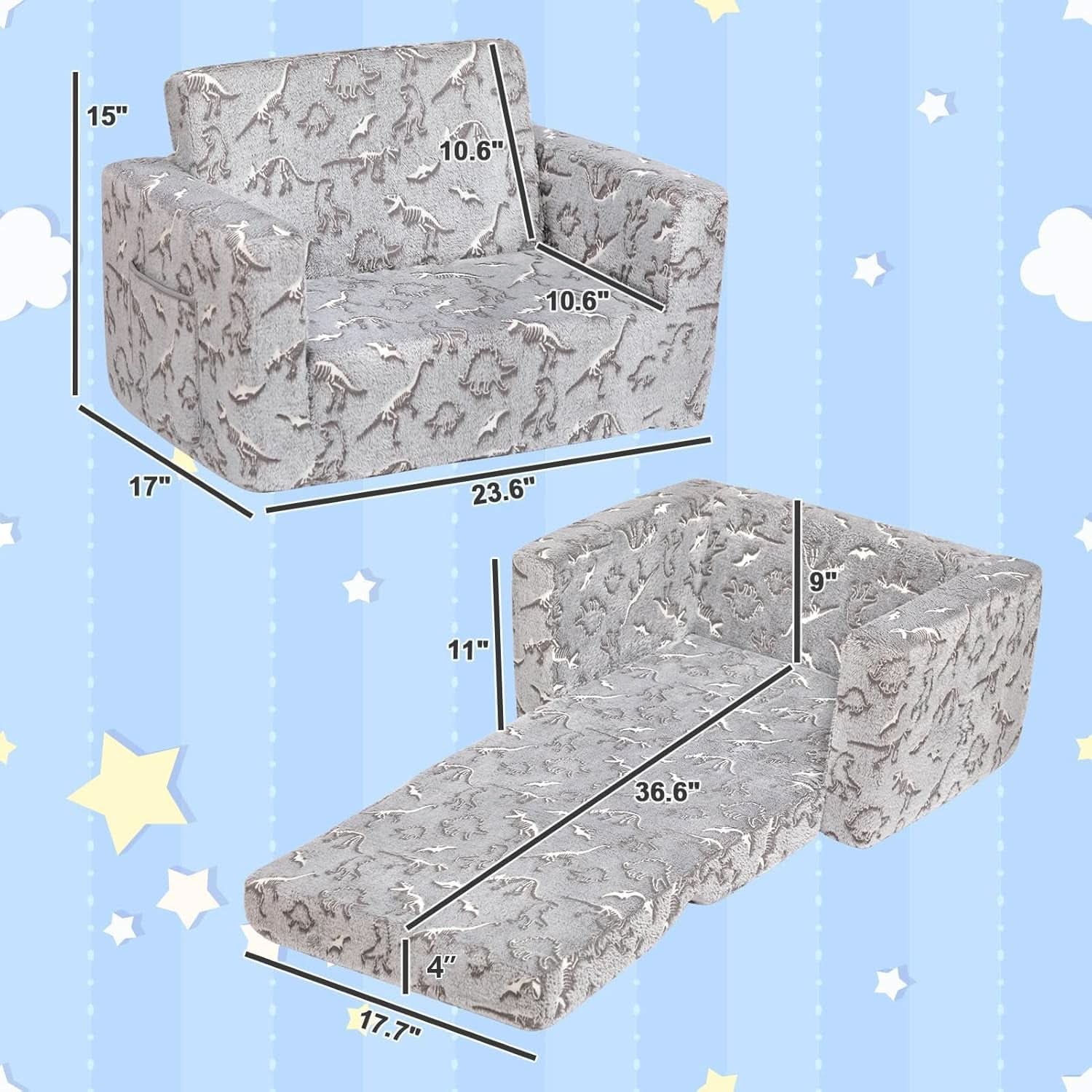 Cuddly Toddler Couch Convertible Sofa Lounger Glow Dinosaurs