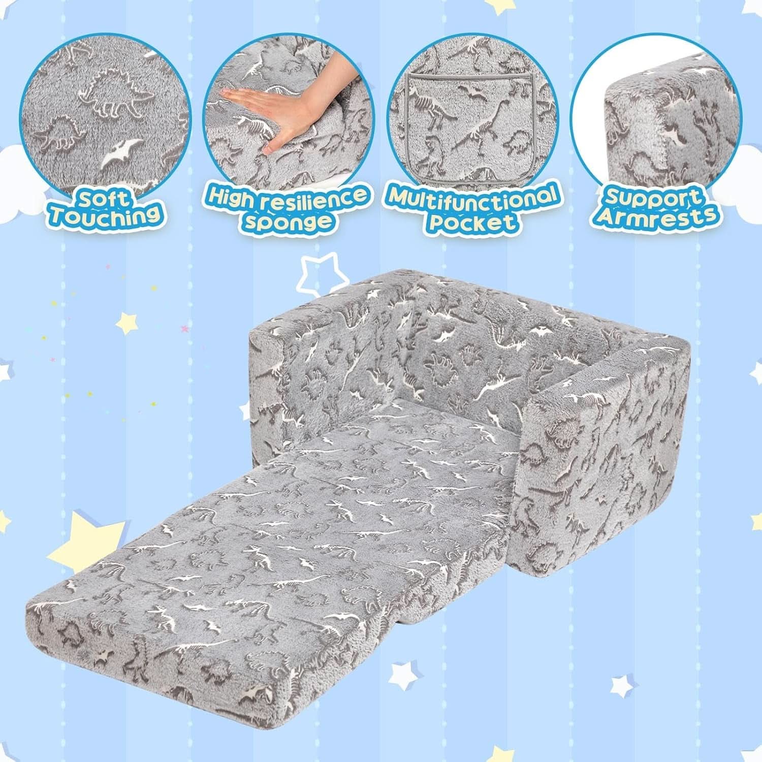 Cuddly Toddler Couch Convertible Sofa Lounger Glow Dinosaurs