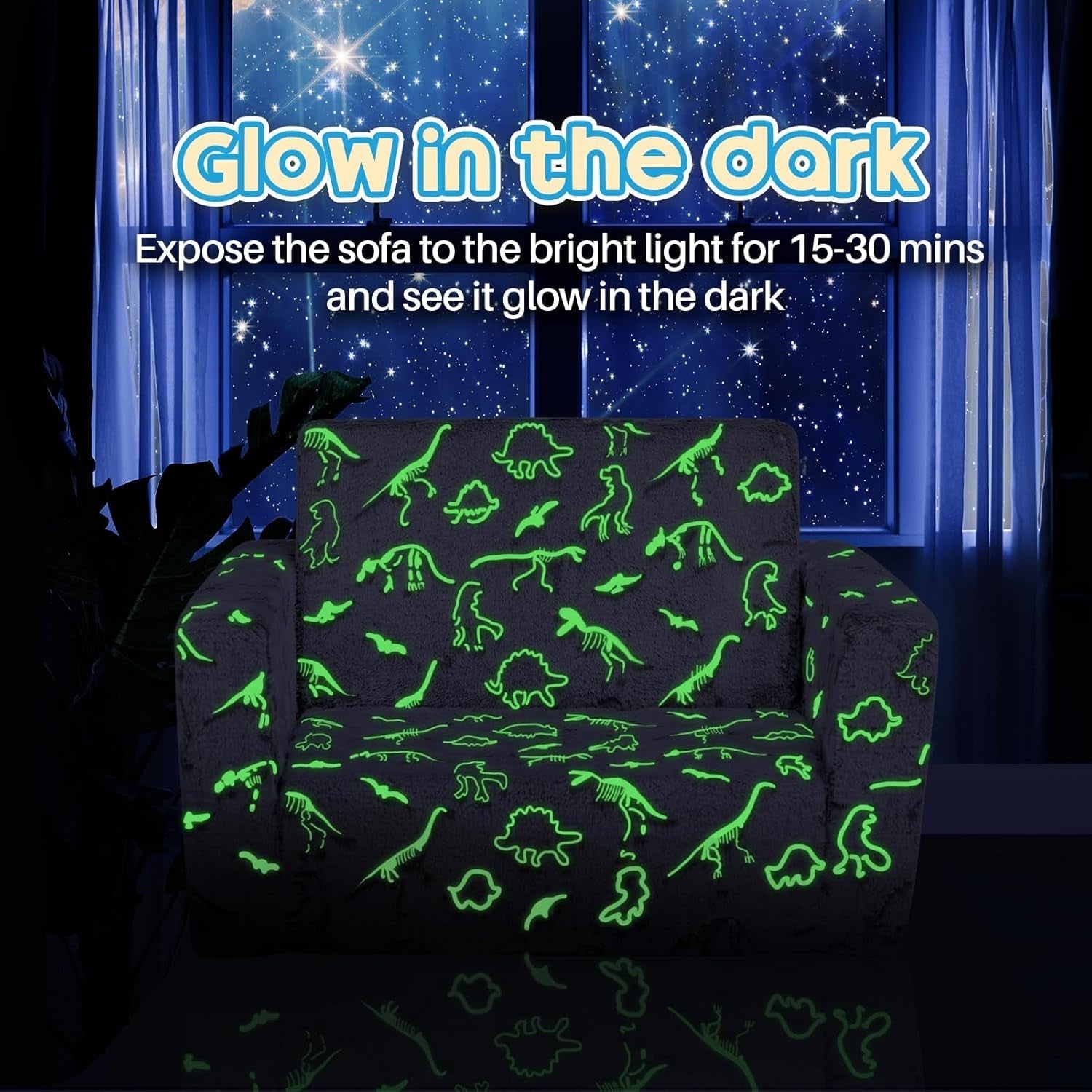 Cuddly Toddler Couch Convertible Sofa Lounger Glow Dinosaurs