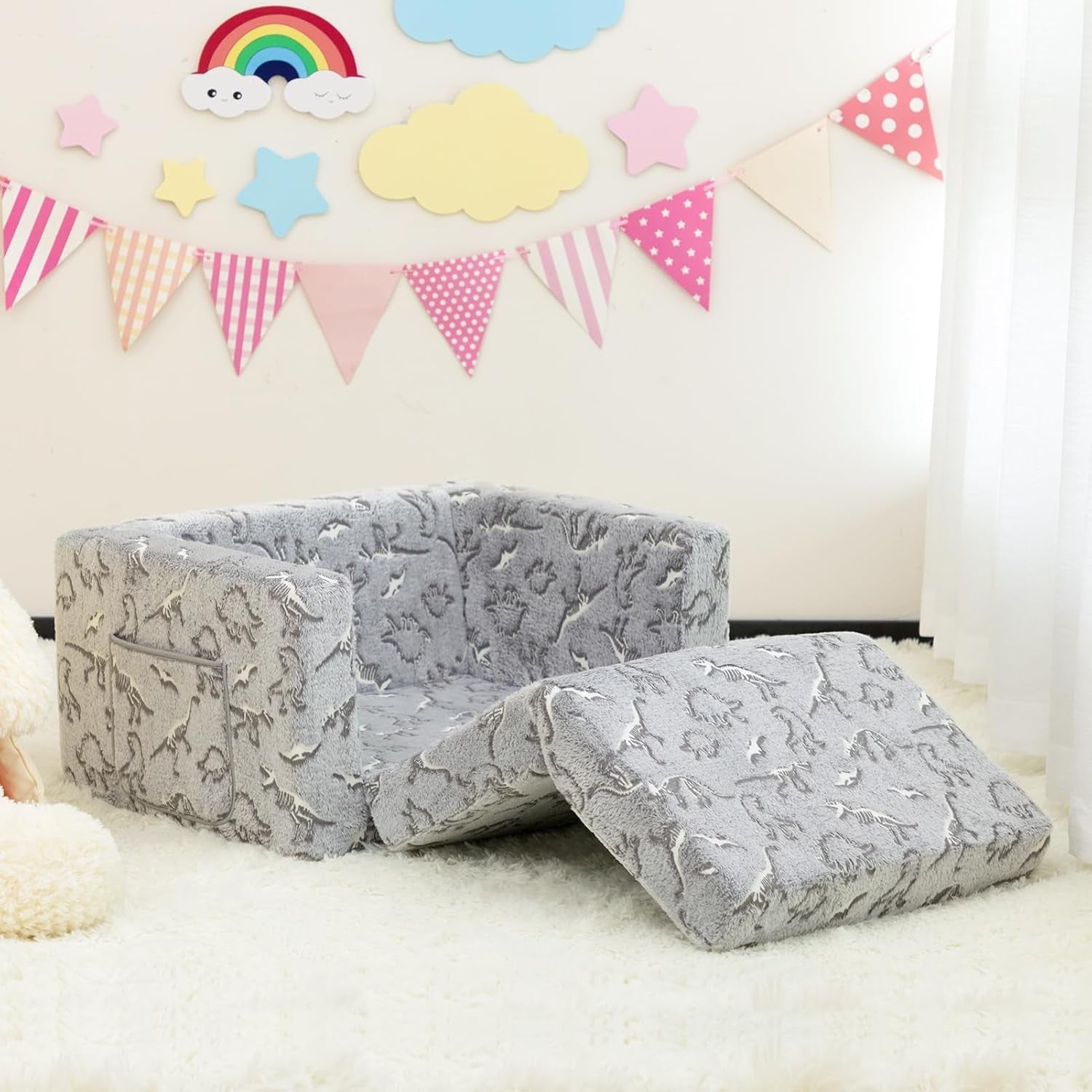 Cuddly Toddler Couch Convertible Sofa Lounger Glow Dinosaurs