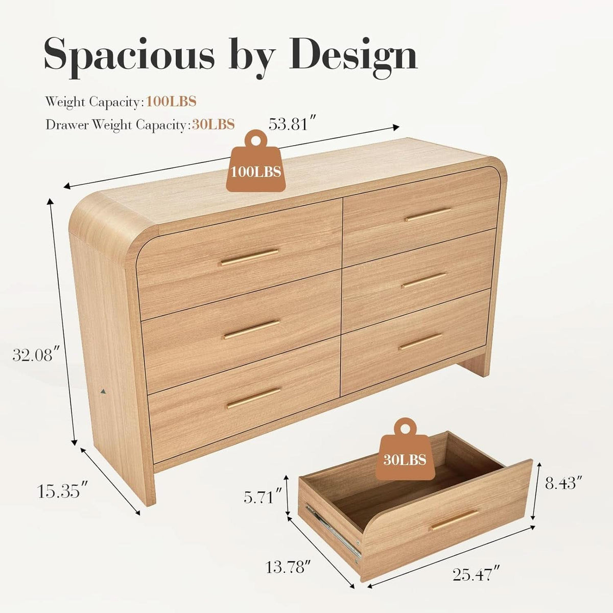 Curved Dresser 54Inch Oak Finish Contemporary Storage