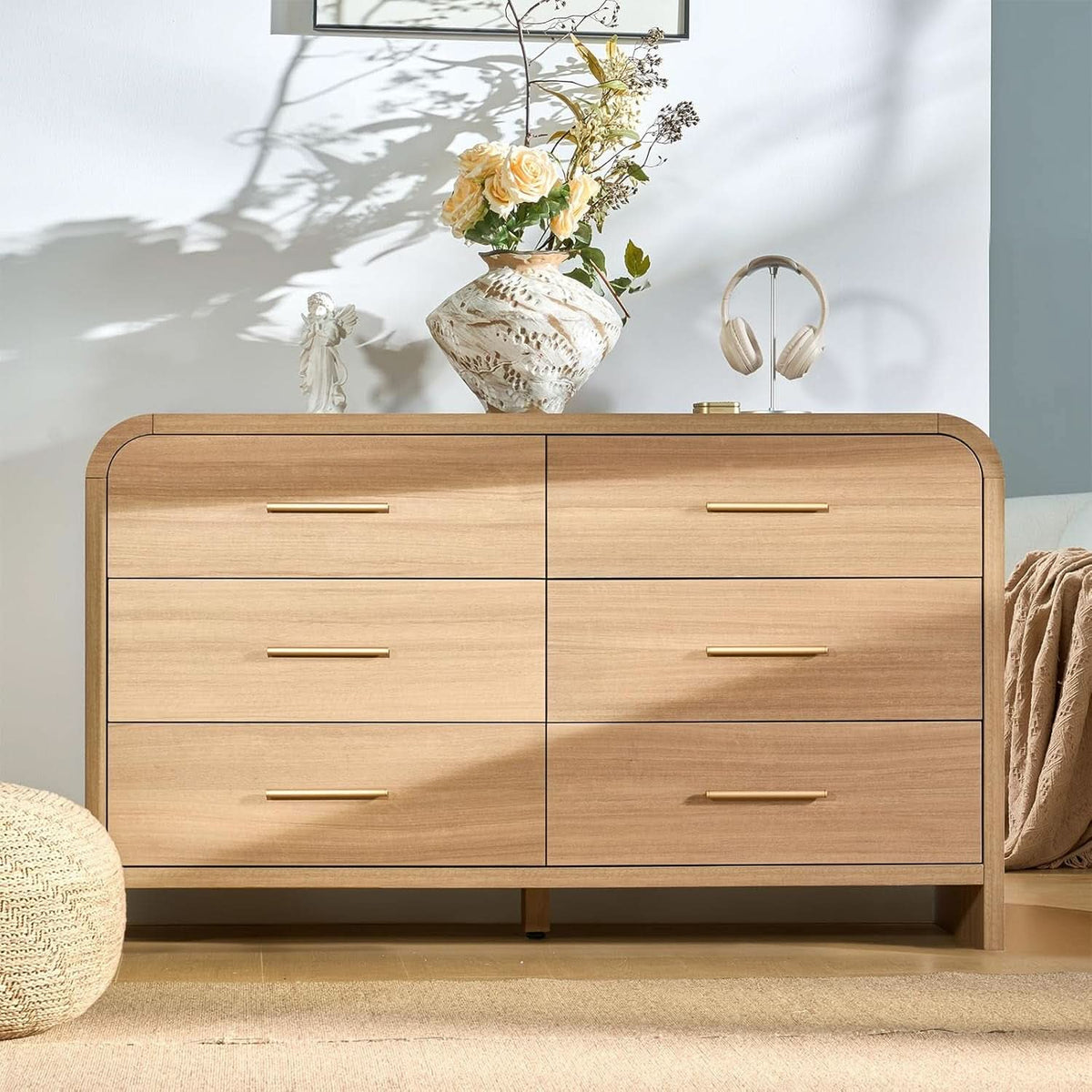 Curved Dresser 54Inch Oak Finish Contemporary Storage