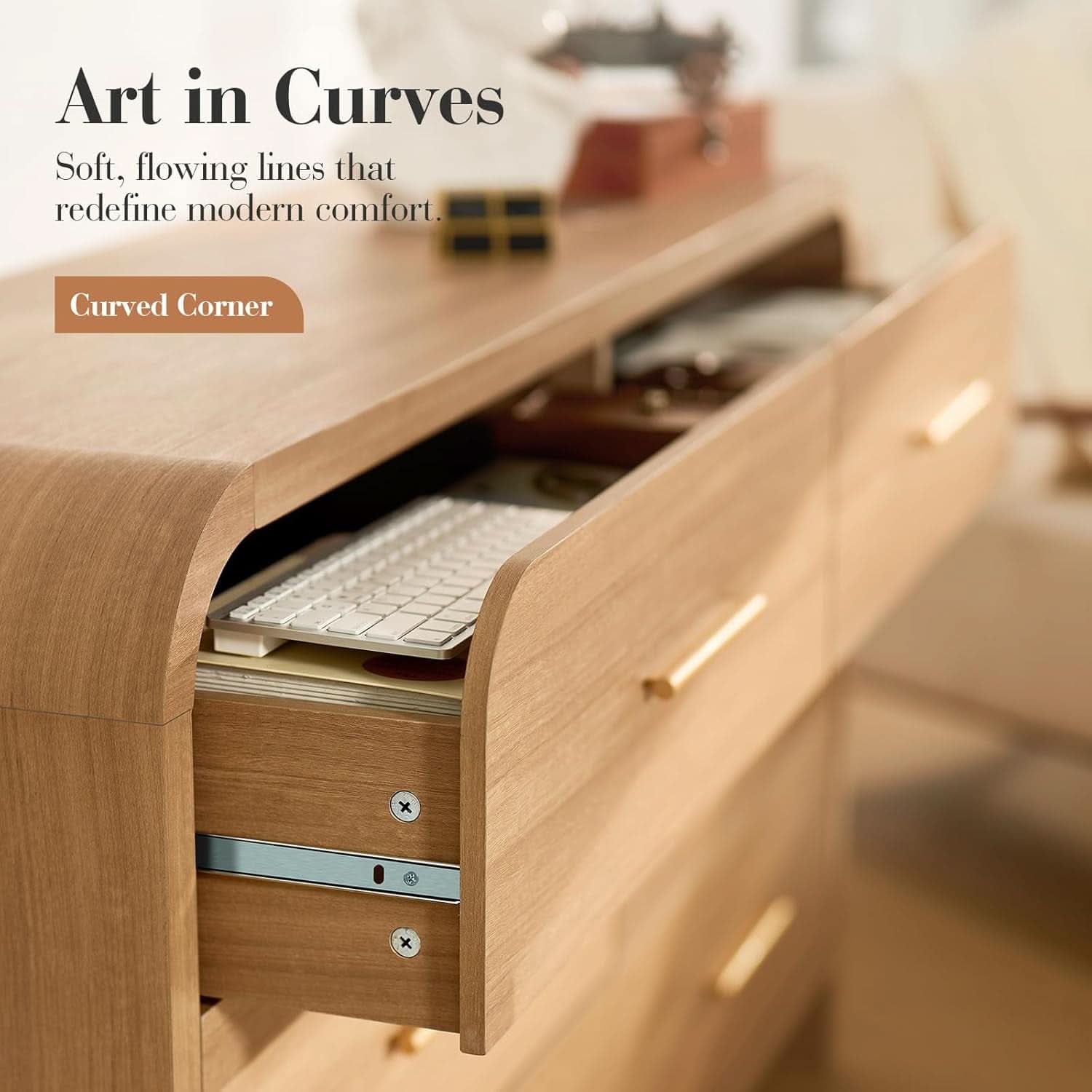 Curved Dresser 54Inch Oak Finish Contemporary Storage