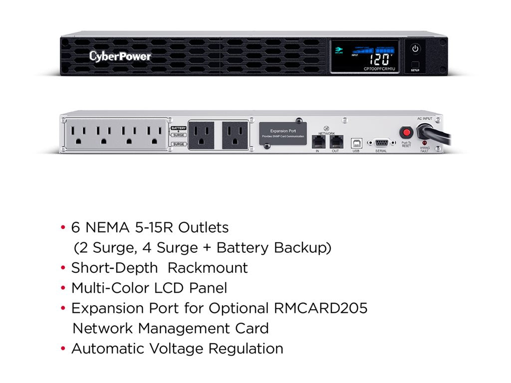 CyberPower PFC Sinewave Series CP700PFCRM1U - UPS (rack-mountable) - AC 120 V - 400 Watt - 700 VA - 8 Ah - USB, serial - output