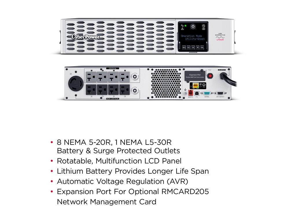 CyberPower Smart App Sinewave PRL3000RT2UC - UPS (rack-mountable / external) - AC 100-120 V - 3000 Watt - 3000 VA - 9 Ah - Ethernet,