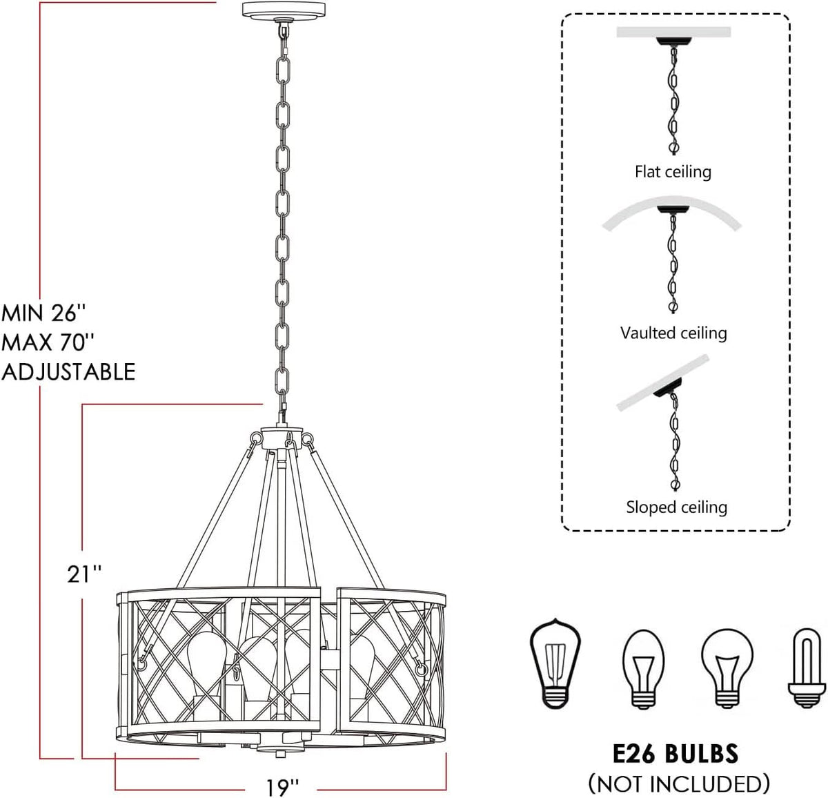 D19 Inch Farmhouse Chandelier 4 Light Pendant Black Oak