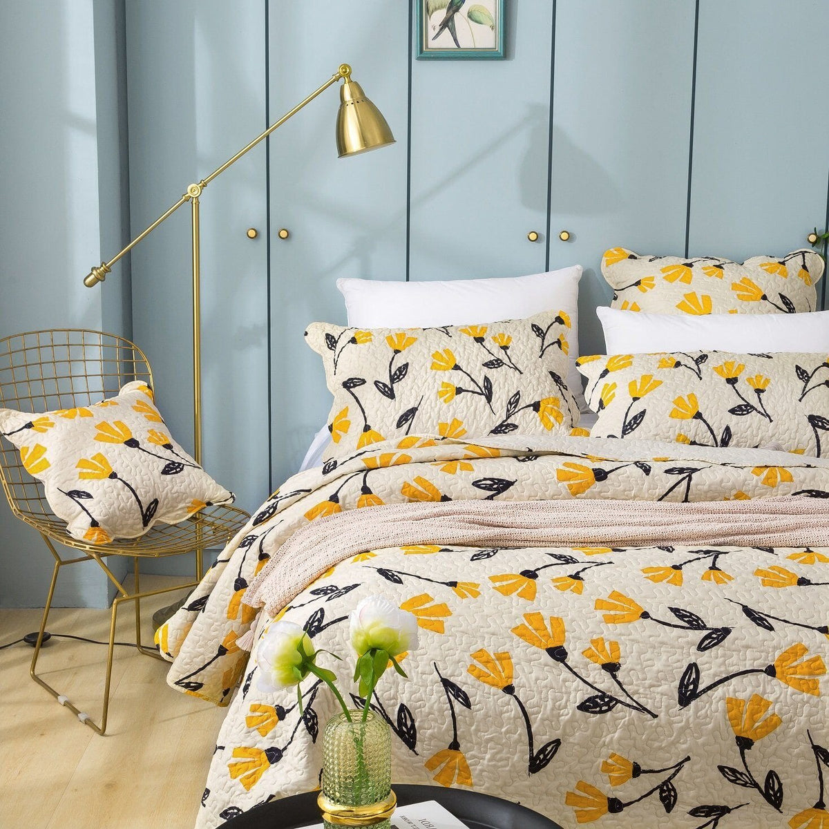 DaDa Bed in a Bag Bundle Set - Yellow Fleur Botanical Ivory Tan Floral Bedding Set (18112)