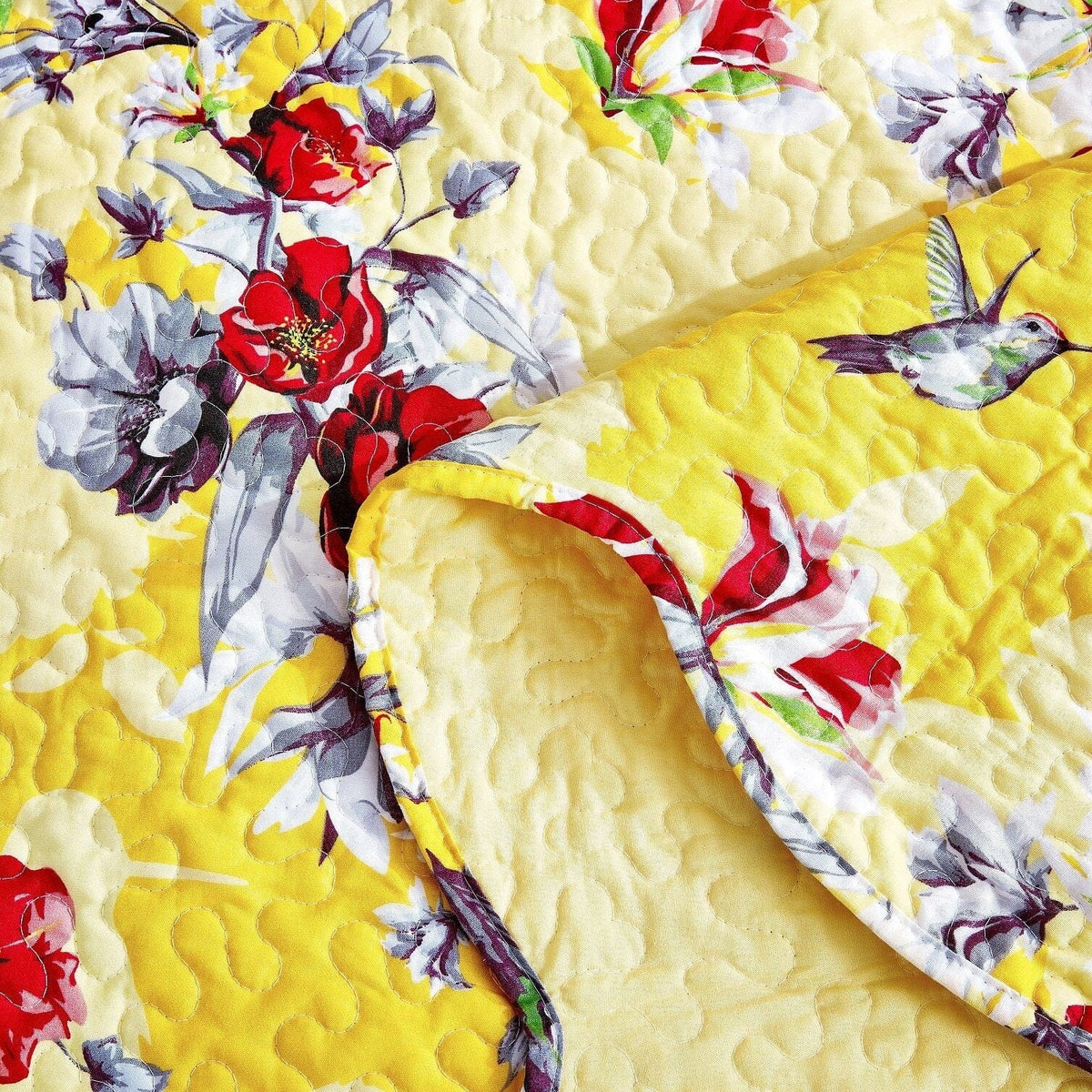 DaDa Bedding Bed in a Bag Bundle Set - Radiant Sunshine Yellow Hummingbirds Floral Bedding Set (JHW-925)