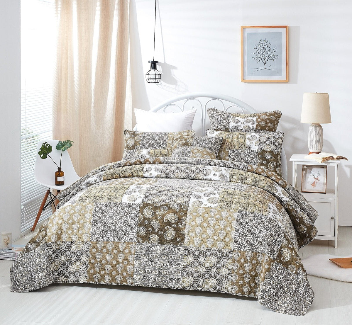 DaDa Bedding Bohemian Olive Brown Moroccan Paisley Floral Filigree Patchwork Cotton Bedspread Set (JHW-885)