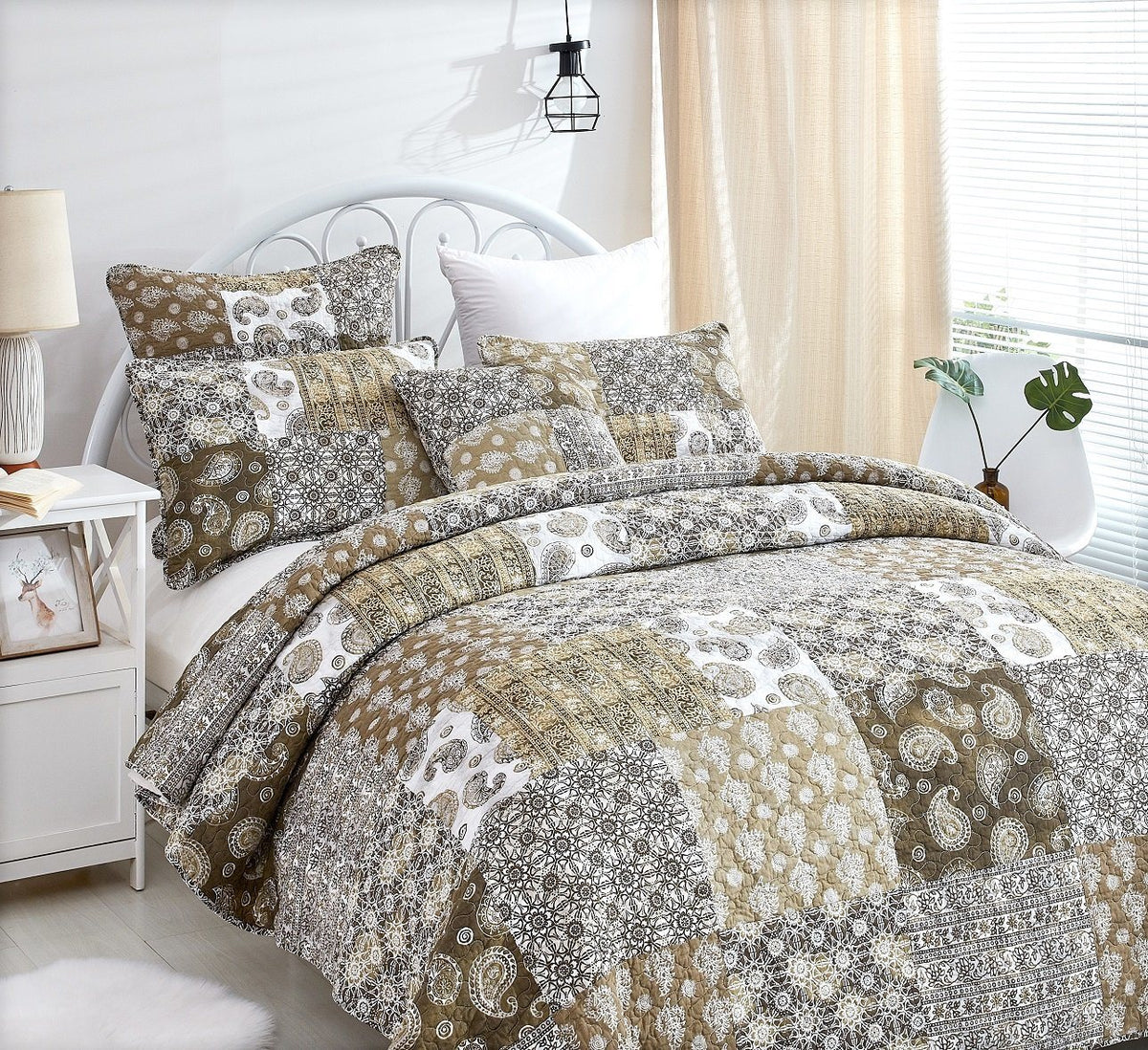 DaDa Bedding Bohemian Olive Brown Moroccan Paisley Floral Filigree Patchwork Cotton Bedspread Set (JHW-885)