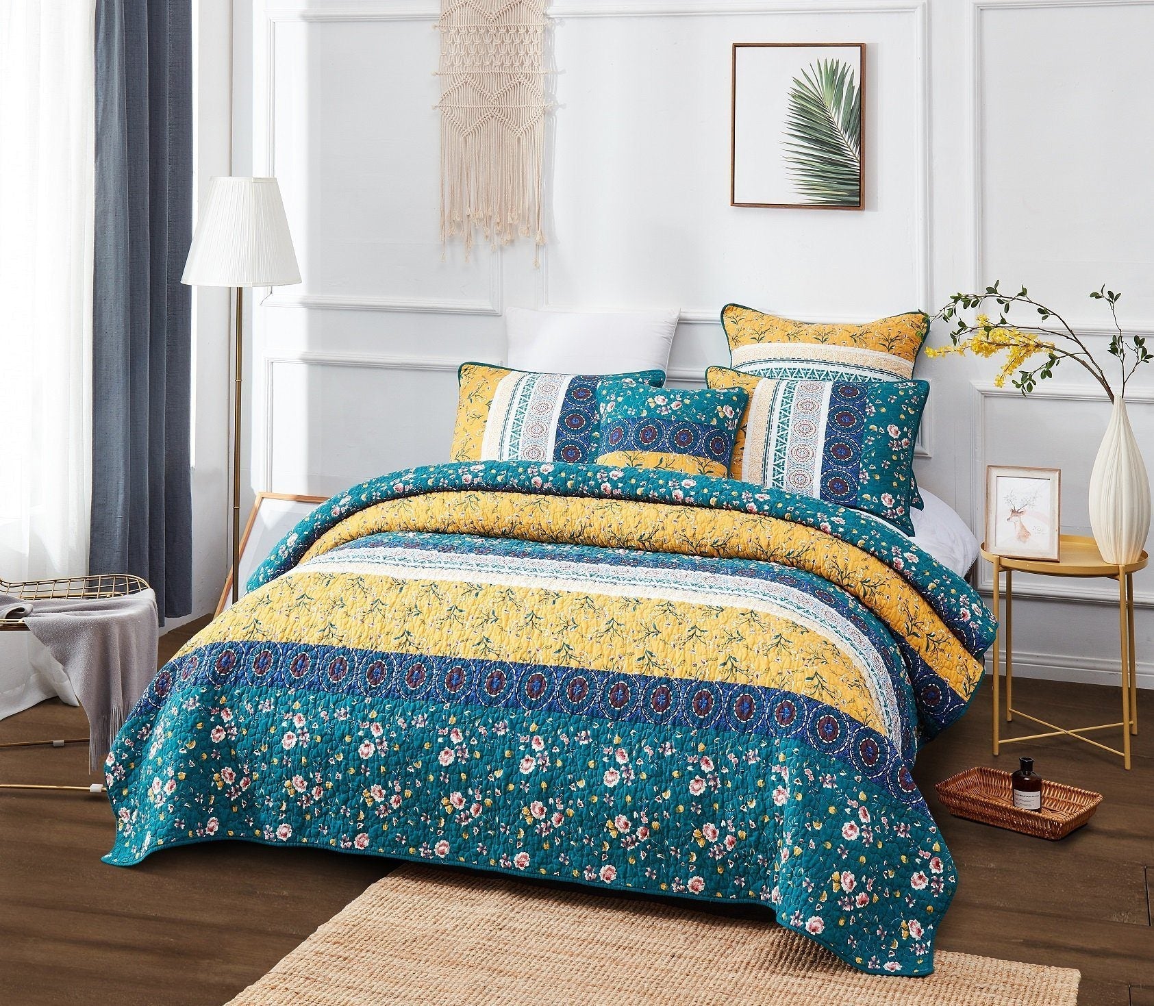 DaDa Bedding Bohemian Patchwork Bed of Wild Flowers Floral Gardenia Green Bedspread Set (JHW-886)