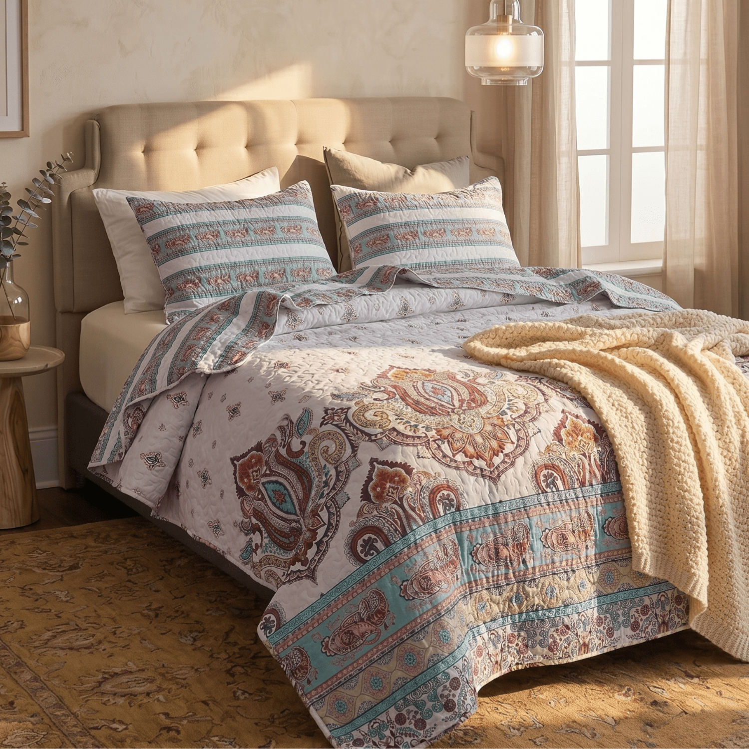 DaDa Bedding Bohemian Summertime White Blue Floral Paisley Bedspread Set (KSX-003)
