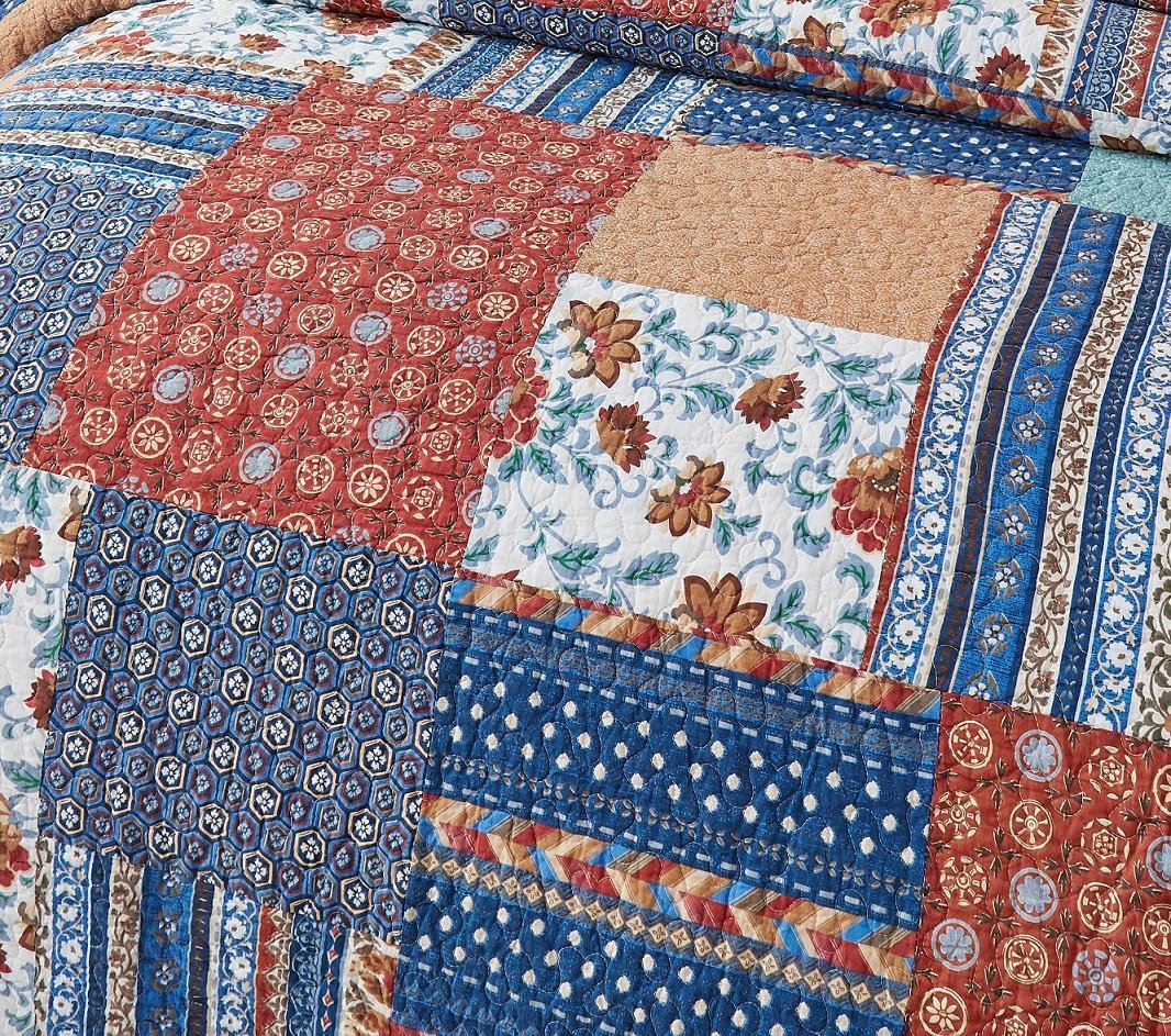 DaDa Bedding Bohemian Vibes Mediterranean Blue Floral Patchwork Quilted Bedspread Set (JHW878)