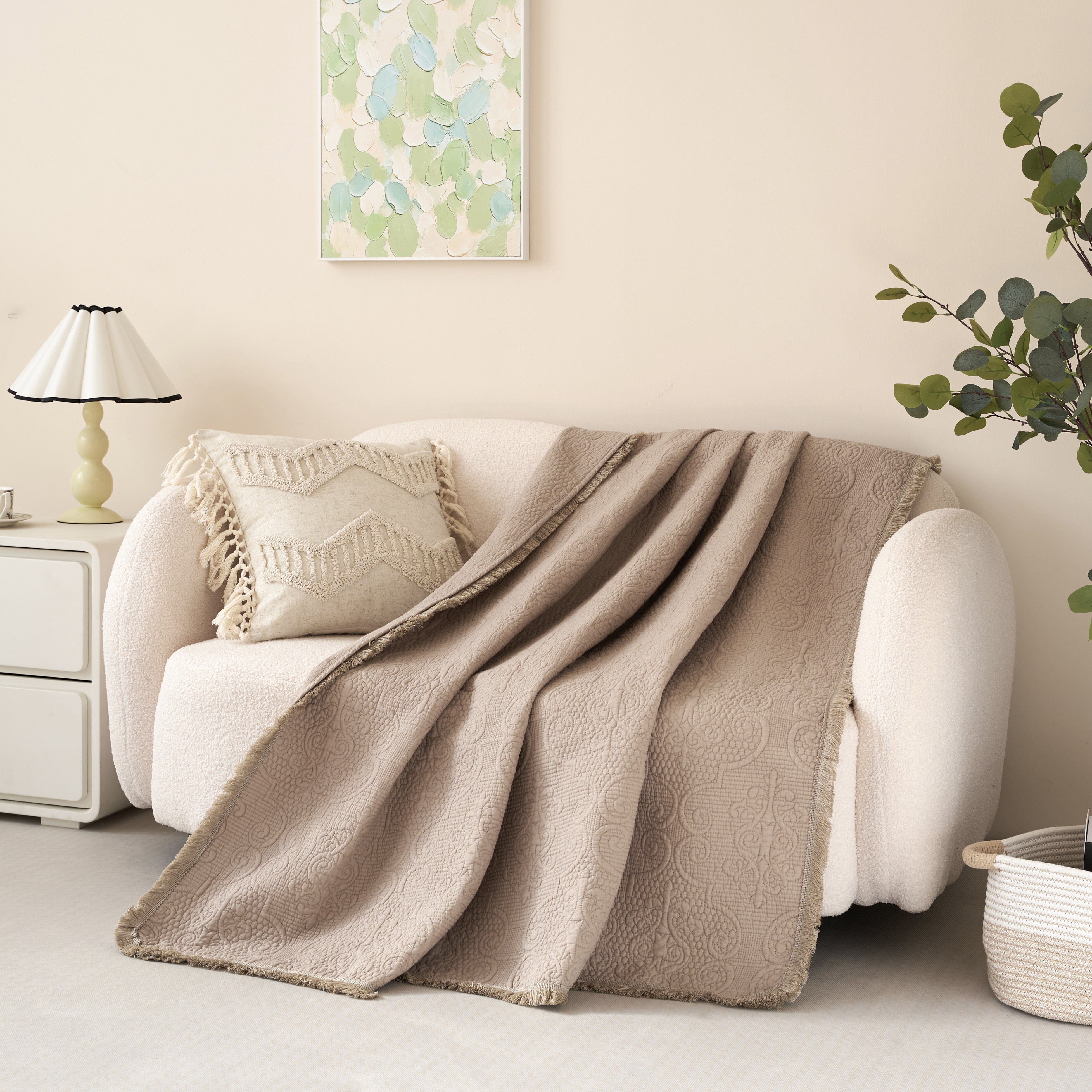 DaDa Bedding Elegant Fringed Cotton Quilted Throw Blanket - Luxurious Solid Soft Paisley Pattern, Cozy Lightweight Lap Throw, Perfect for Couch or Bed, Neutral Sandy Taupe Tan Beige, 50x60 Inches