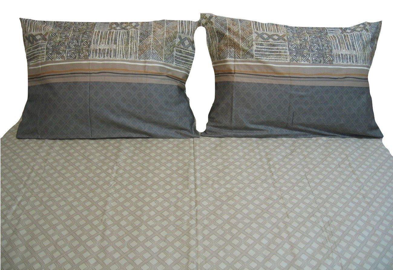 DaDa Bedding Geometric Striped Tan Brown Multi-Color Fitted + Flat Sheet & Pillow Cases Set (FSFS8279)