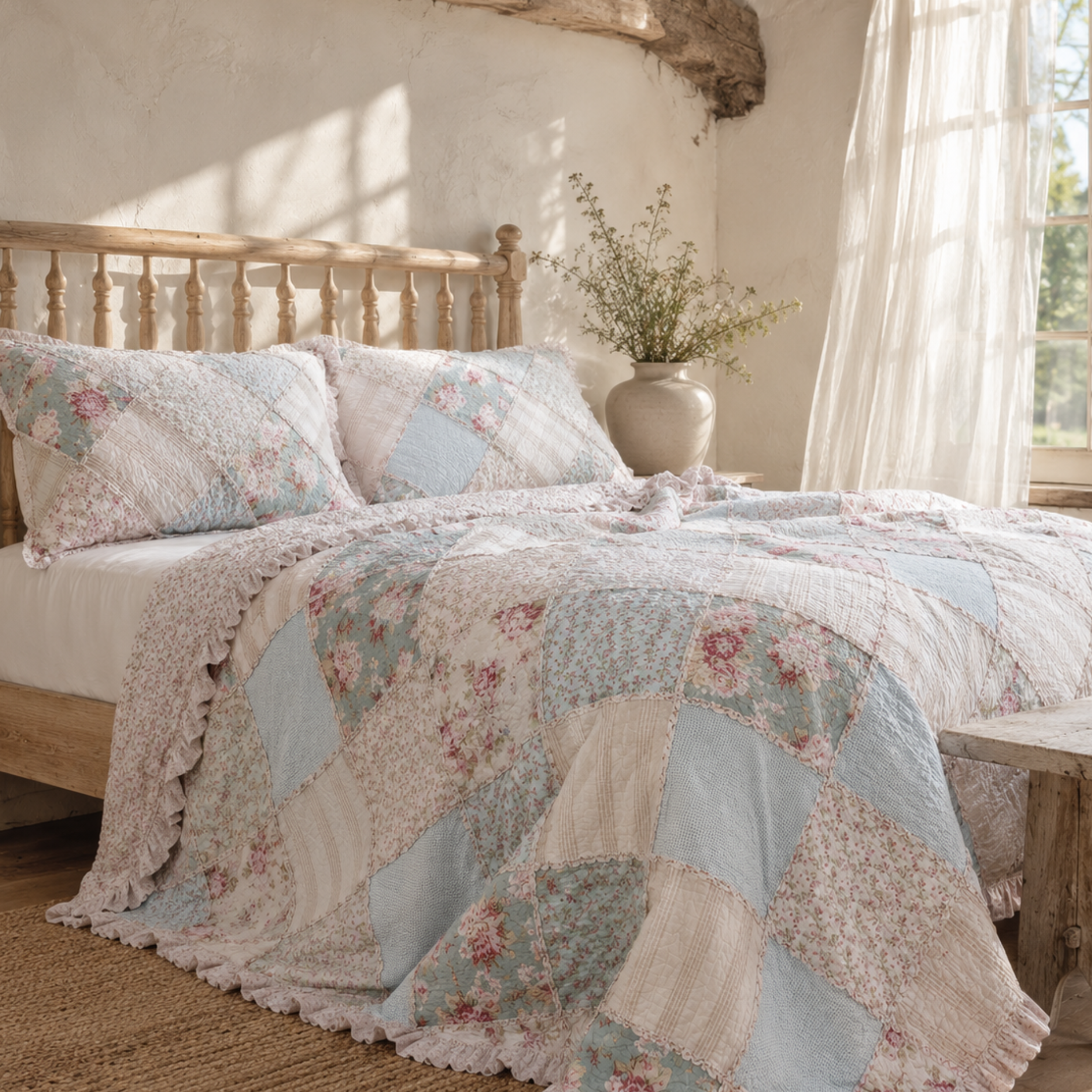 DaDa Bedding Hint of Mint Floral Pastel Cotton Patchwork Ruffle Bedspread Set (JHW-3036)