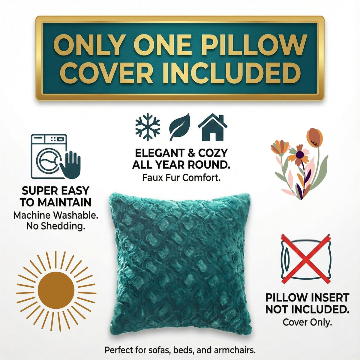 DaDa Bedding Jewel Tones Emerald Green Blue Luxury Faux Fur Throw Pillow Cover (171805)