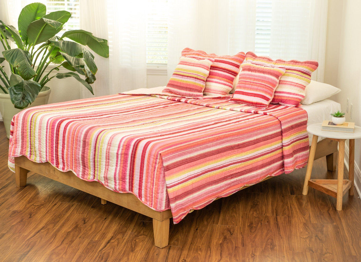 DaDa Bedding Multi-Red Pink Boho Summer Stripes Scalloped Lightweight Coverlet Bedspread Set (DXJ101824)