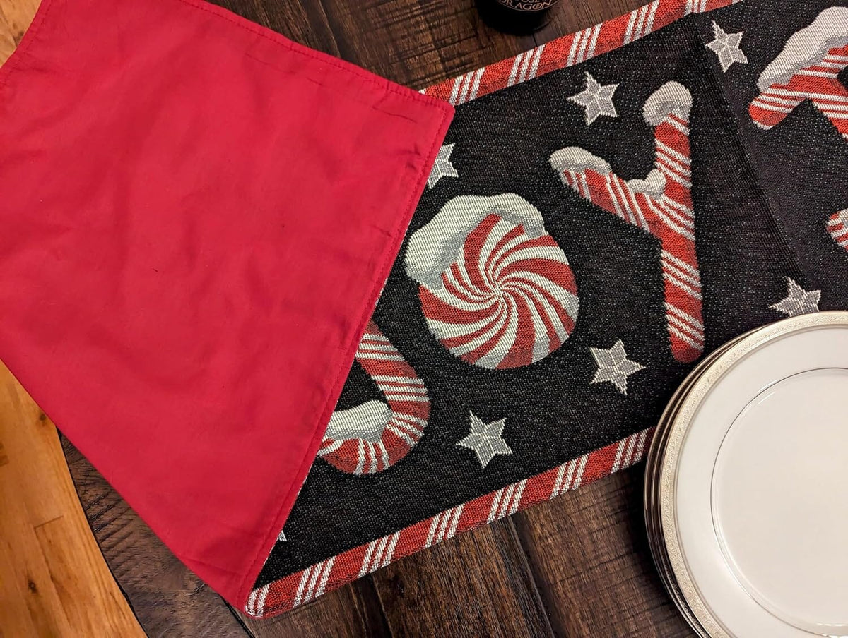 DaDa Bedding Peppermint Joy Red Black Holiday Tapestry Dining Table Runner (12904)